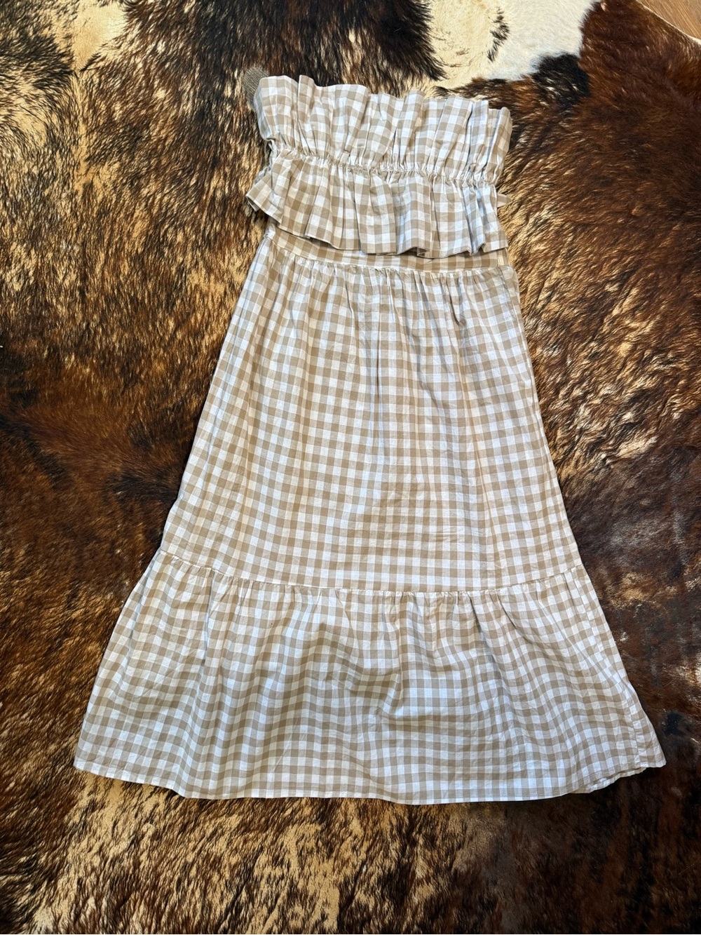 Lush Tan and White Gingham Strapless Ruffle Midi Dress - Picture 5 of 6
